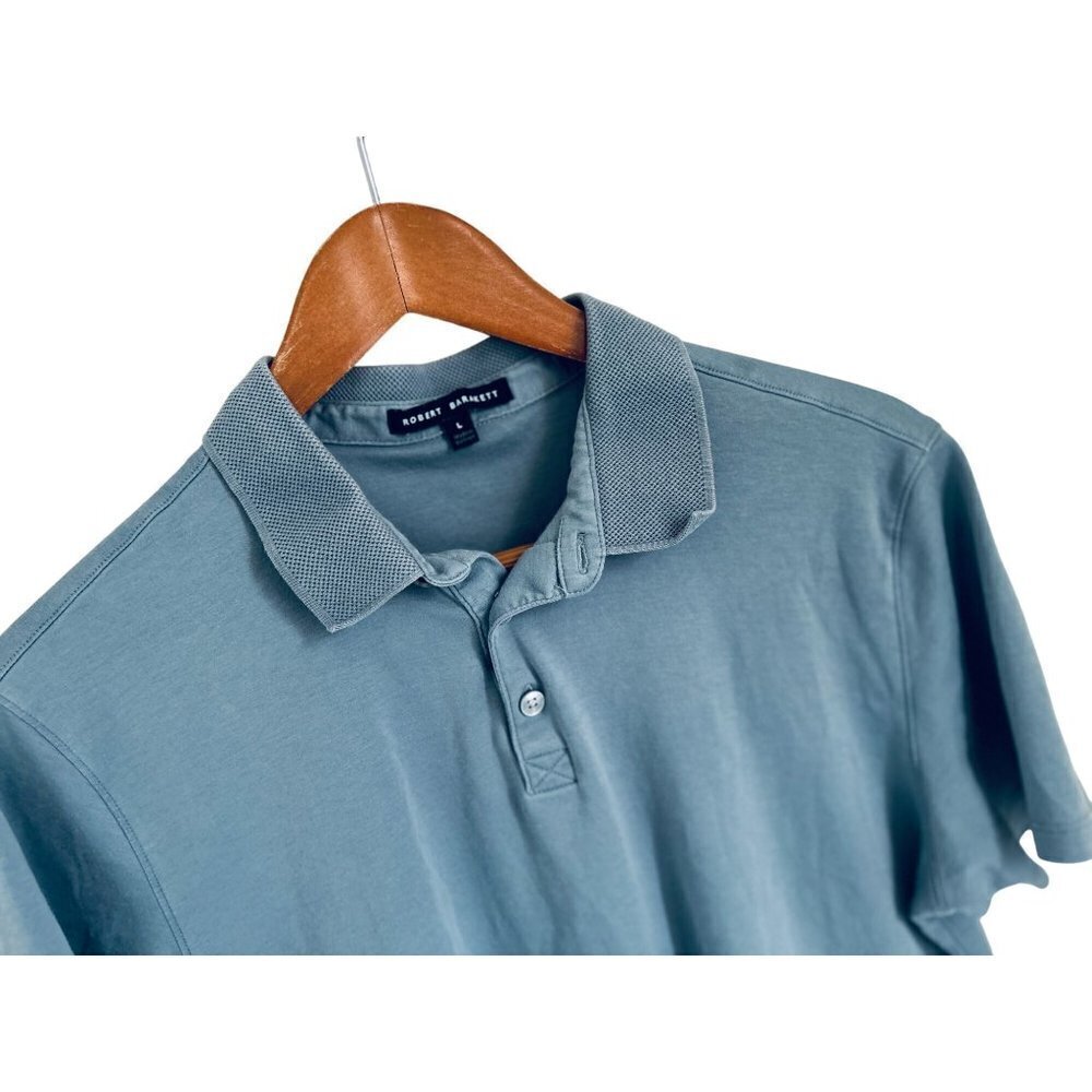 ROBERT BARAKETT Polo Shirt Blue Knitted Cotton Short Sleeve Size Large